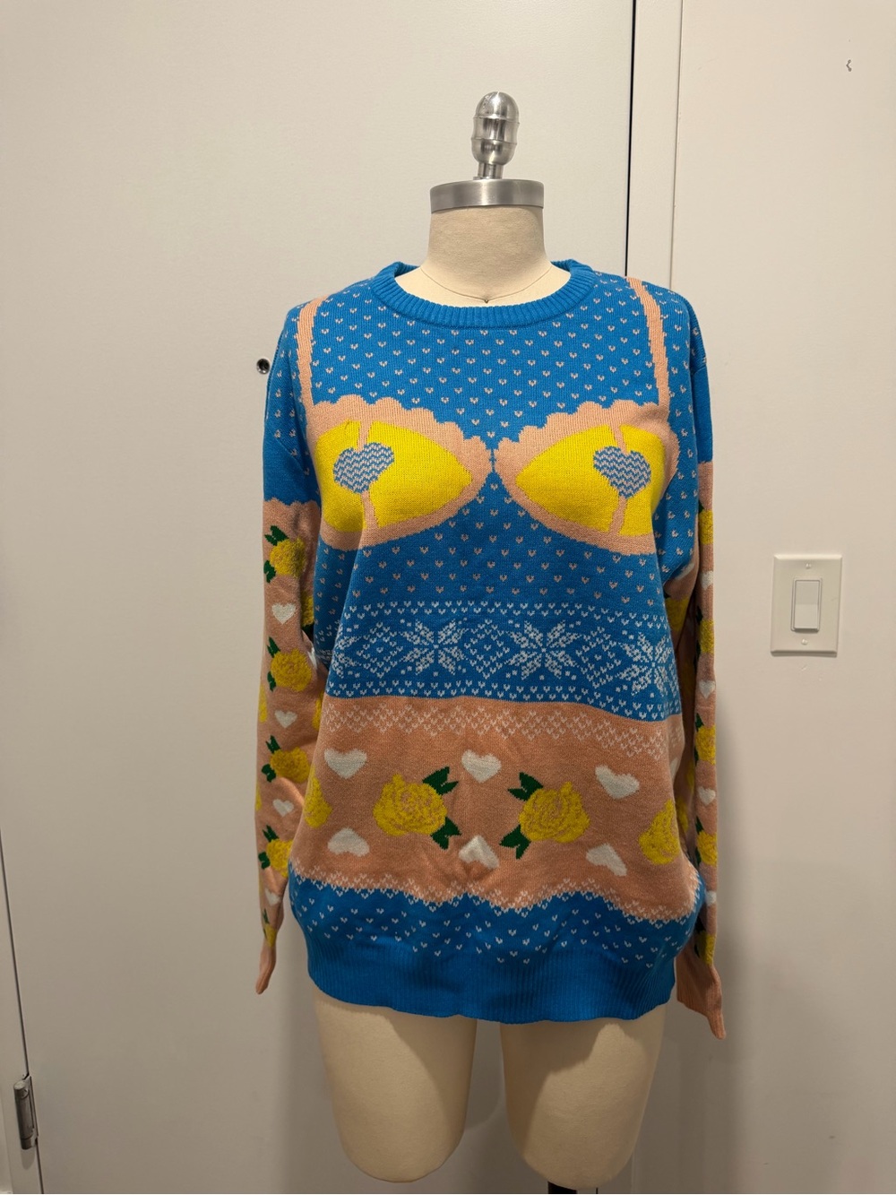 Hulu Blue and Pink Patterned Heart & Rose Sweater